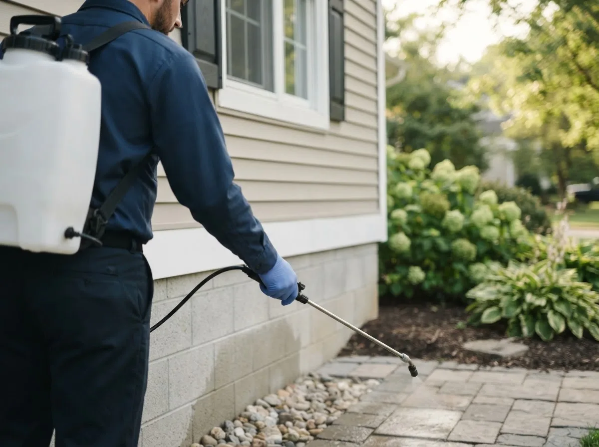 Pest control technician inspecting a home in Pena Blanca, NM